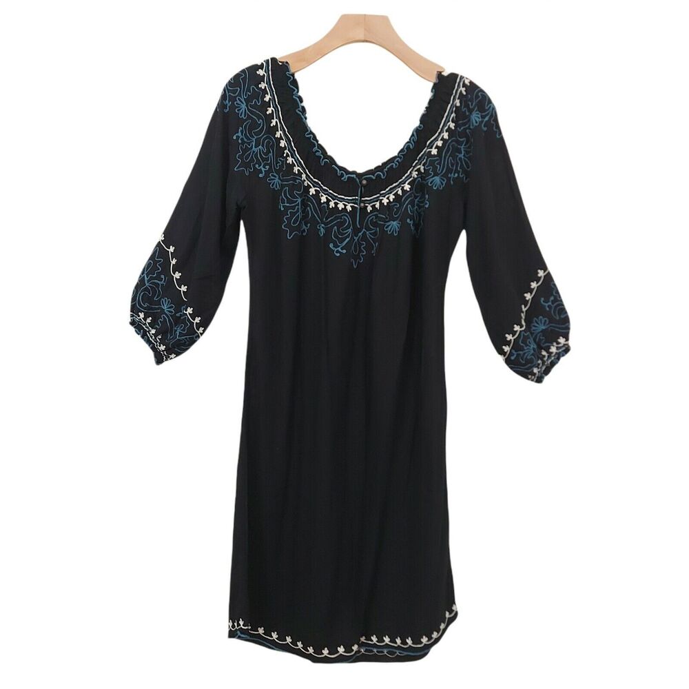Lucky Brand Shift Dress Womens Small Black Embroidery Bohemian Boho 3/4 Sleeve - Picture 2 of 9